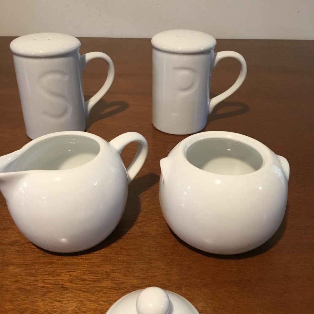 Salt and Pepper Shakers White Ceramic With Farberware Sugar And Creamer